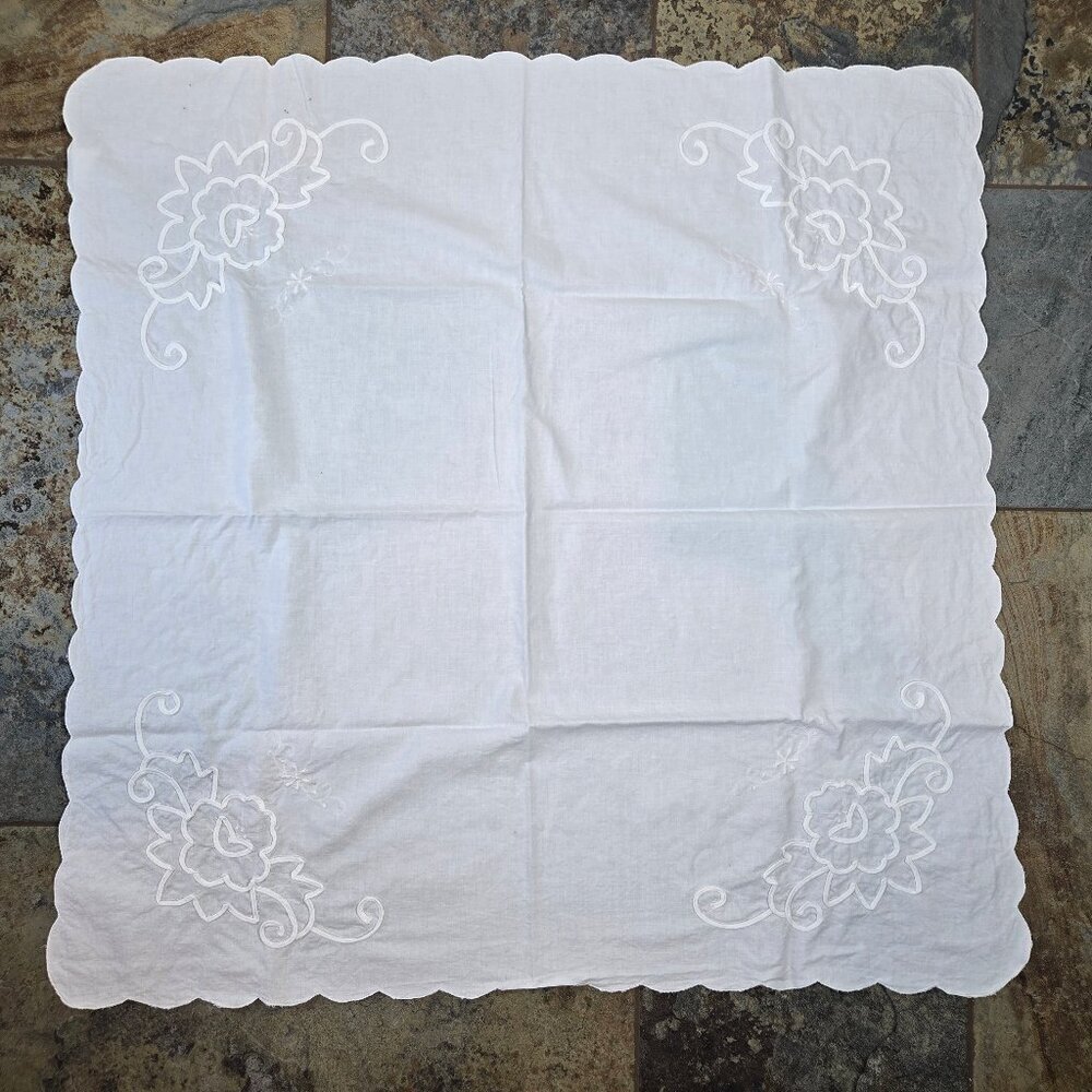 White 100% Cotton 34" Square Tablecloth Embroidery and Tape Work Scalloped Edge